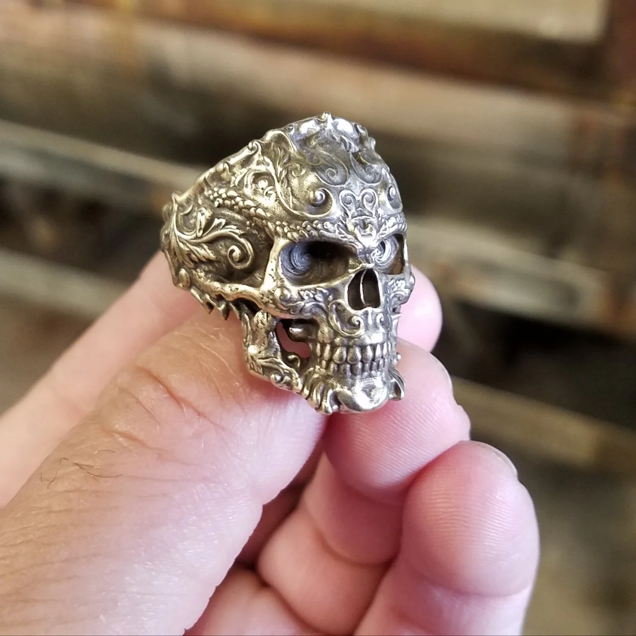 Brass Flourish Skull Ring - Image 5