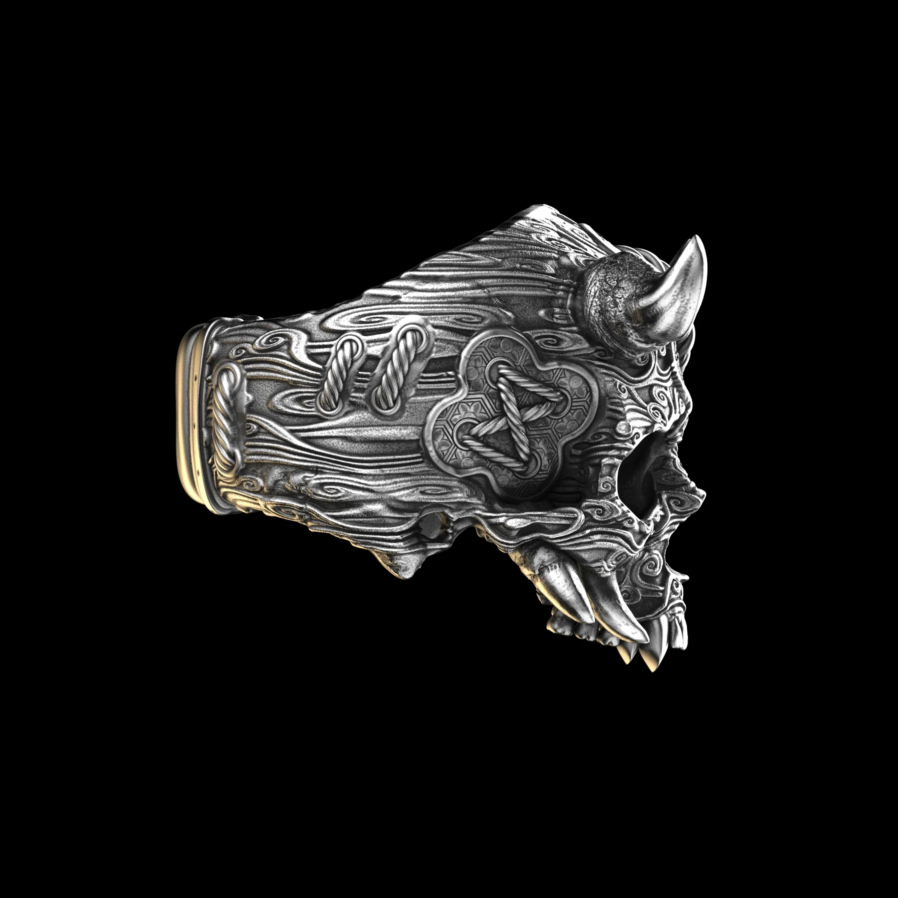Horned Oni Skull Ring Sterling - Image 3
